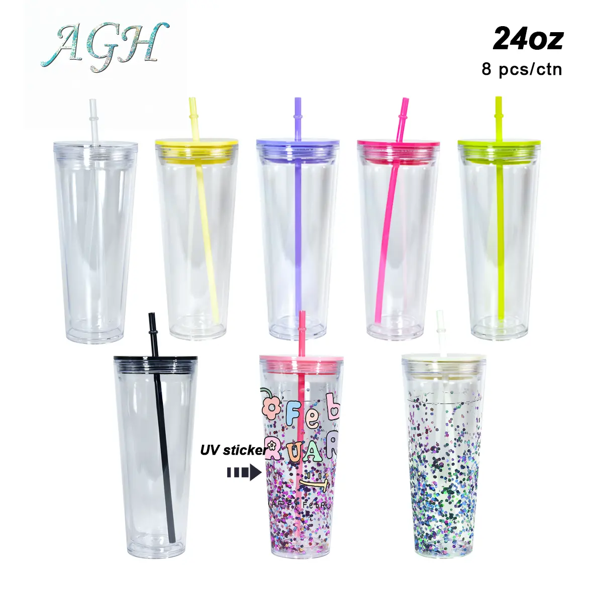 AGH US 8pcs/carton 24 OZ Double Wall Plastic Tumbler Snow Globe Acrylic Cups with Lids and Straw Mixed Color Travel Coffee Mug