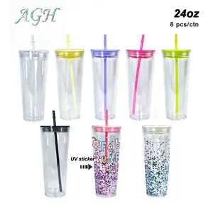 AGH US 24 OZ Double Wall Plastic Tumbler Snow Globe Acrylic Cups with Lids and Straw Mixed Color 8/carton Travel Coffee Mug