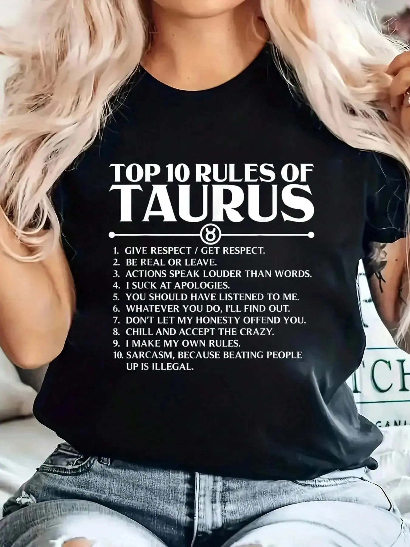 Women's Casual Graphic Print T-shirt, Short-Sleeve Round Neck Tee with Taurus Astrology Sign & 10 Rules Design, Tshirt, Machine Wash, Shortsleeve, Astro Sign Print, Cotton Polyester, All Seasons, Lady, Tops, Graphic Tee