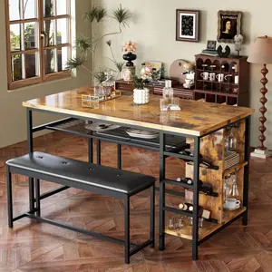 AWQM Space Saving Dining Table Set for 2-4 People, 53" Kitchen Table with 2 Upholstered Bench, Wine Rack Glass Holder, and Storage Shelf