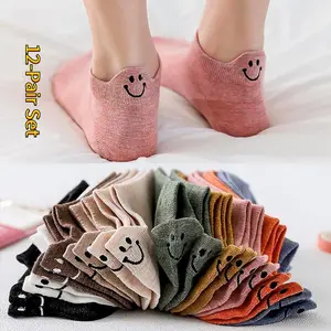 12-Pair Set Cute Face Ankle Socks for Women Soft Comfortable Low-Cut Design Smiling Face Pattern Assorted Colors Black Pink Brown Green Beige White Random Color