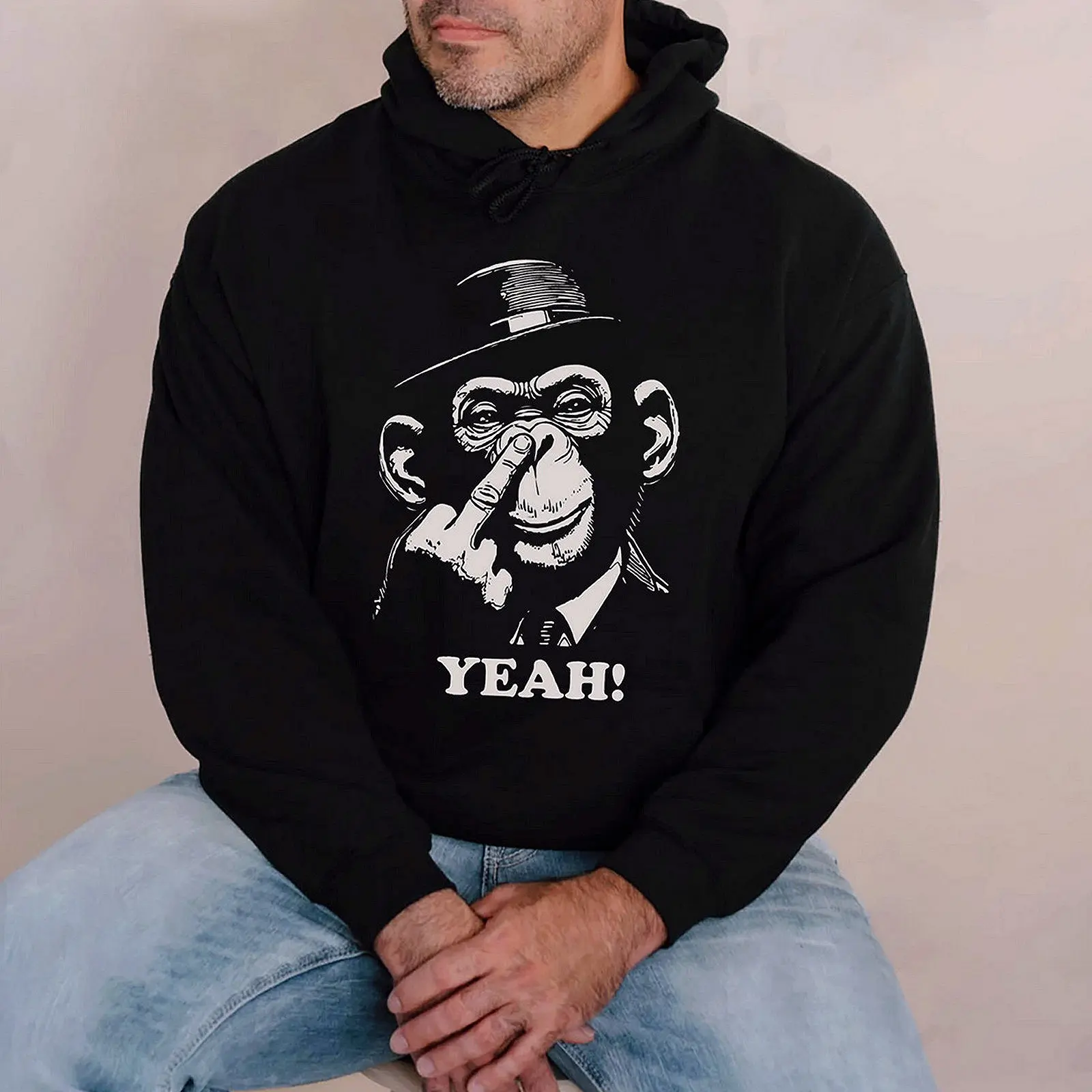 Funny Rude Monkey Yeah Graphic Pullover Hoodie, Vintage Ape Humor Sweatshirt, Casual Unisex Streetwear Trendy Top, Perfect Gift