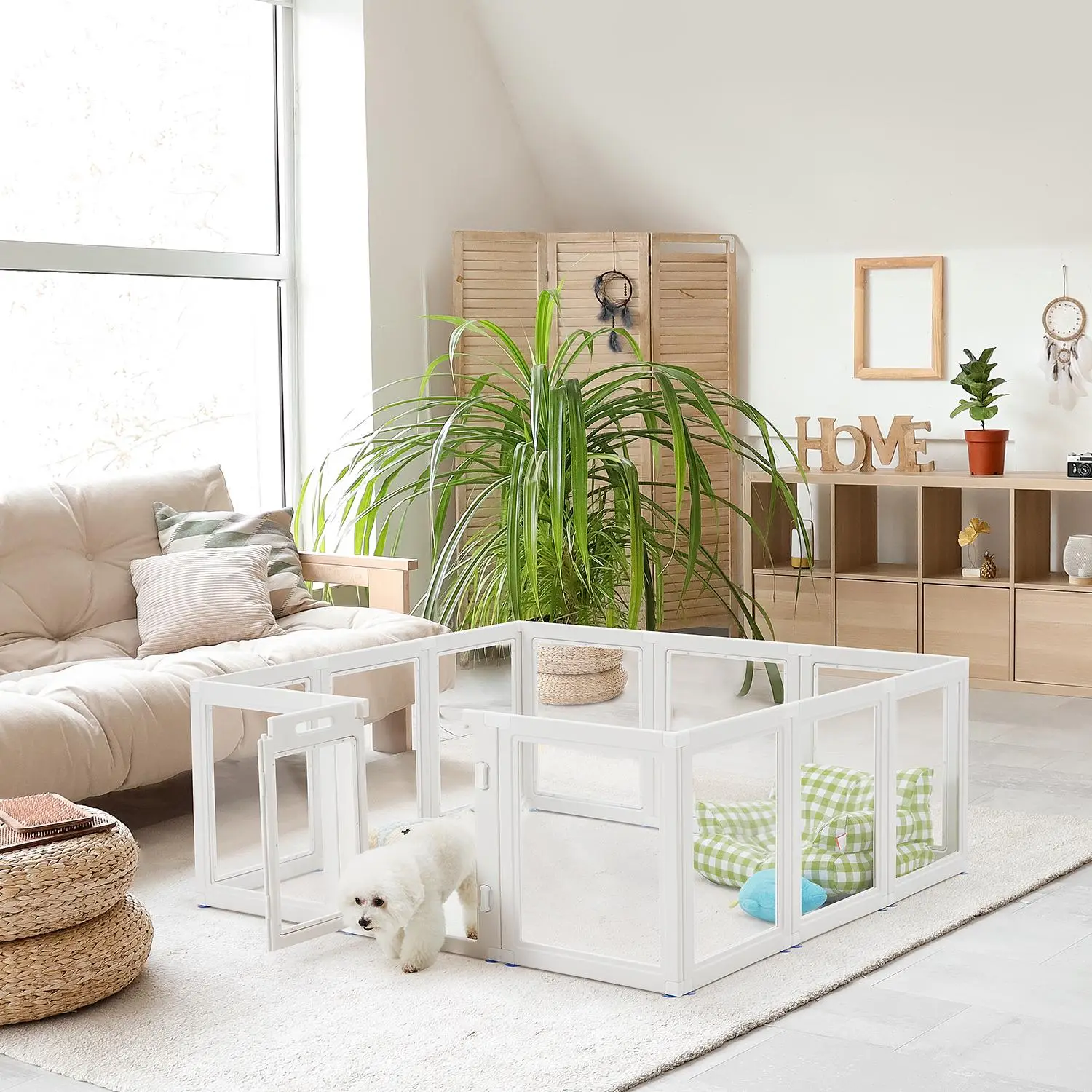 Transparent Pet Playpen, 8/12/16-Panel Pet fence with Door, Indoor Dog Pen, 41*41*24/61*61*24, Foldable, White