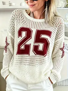 Plus Size Hollow Out Mesh Football Y2K Hoodie, Women Streetwear, Vintage Fashion Pullover, Unisex Knit Top, Couple Matching Sweater, Breathable