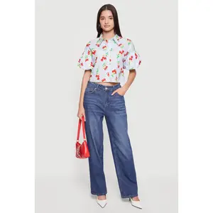 Striped Bubble Sleeve Cropped Blouse