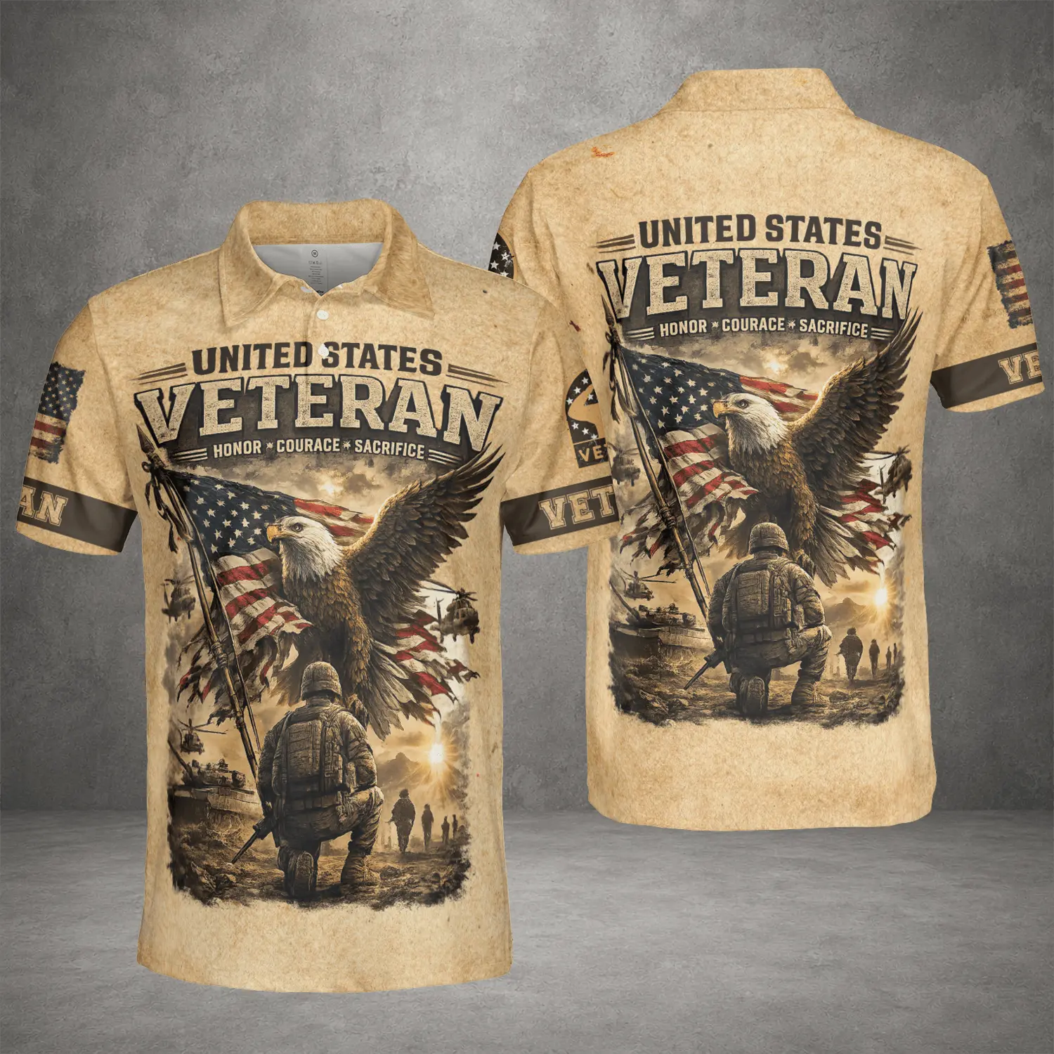 U S Veteran American Flag Eagle Pattern Polo Shirt