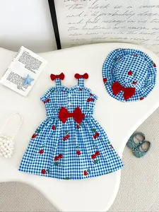 Cute Baby Girls Cherry Plaid Fruit Print Dress Set with Bow Tie Straps & Hat, Perfect for Summer Parties Birthdays Daily Wear, Baby Clothing, Baby Girl Clothes