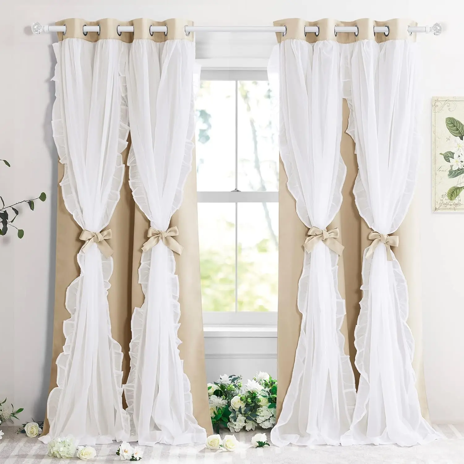 Ruffle Curtains Double Layers Sheer Overlay Elegant Decoration for  Country Rustic Design Window Covering with Tiebacks, 52" Wide x 95" Long, Biscotti Beige, 2 Panels