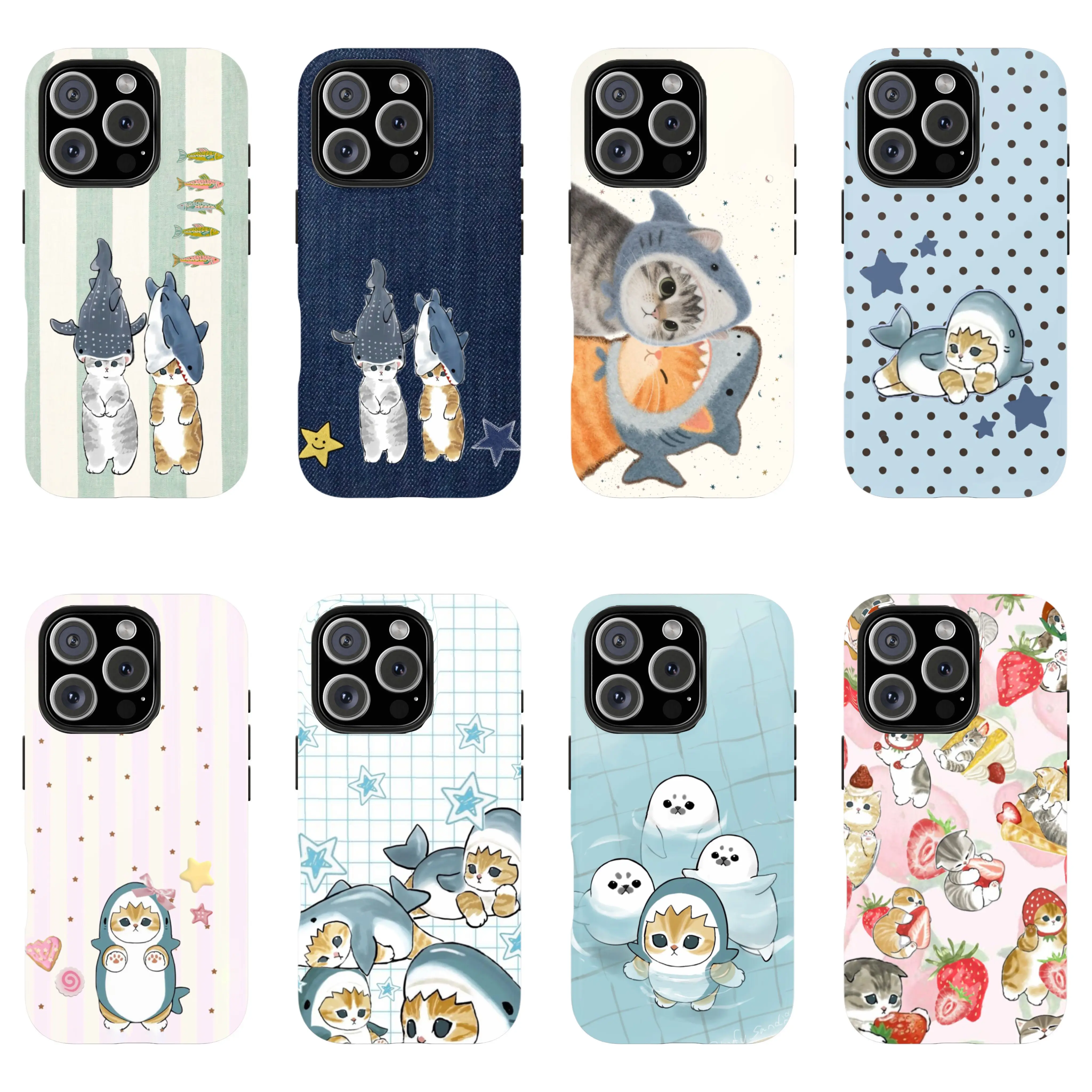 Cute Cartoon Shark Cat Strawberry Kawaii Mofusand Phone Cases For iPhone 17 Promax Air 16 15 14 Pro Max Plus 13 12 11 Hard Bumper Sturdy Film Shells Shockproof Protective Cover Gifts For Birthday Valentine Christmas Thanksgiving Halloween