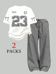 Women's Y2K Style Slim-Fit Knit Two-Piece Outfits, Faux Lace Bow Print Top & Flared Pants Set, Perfect for Summer Casual Wear
