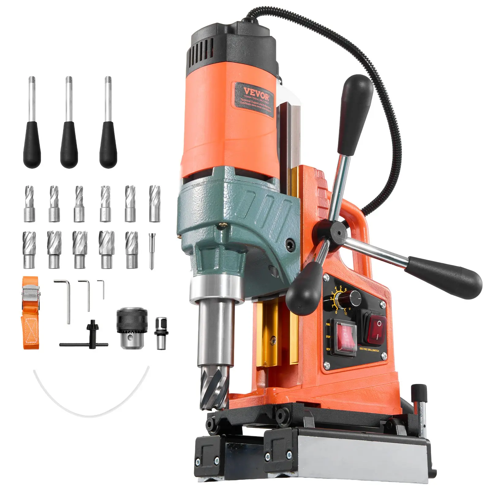 VEVOR Magnetic Drill Press, 1400W Electric Metal Drilling Machine, 0-750 RPM Rotary Drill, 2 in Boring Diameter, Reversible Direction, 11-Piece Set with Core Bits for Industrial & DIY Use
