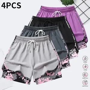 Women’s shorts: double-layer faux two-piece camouflage pattern 5-inch shorts; women’s athletic shorts with adjustable drawstring waist; non-see-through running casual wear; easy-care geometric pattern elastic waistband.