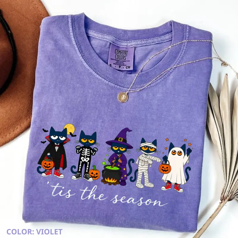 Comfort Colors Pete the Cat Halloween Teacher Shirt, Tis the Season Graphic Tee, Funny School Teacher T-Shirt, Cute Classroom Gift