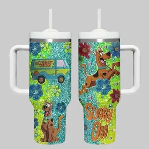Scooby-Doo Mystery Cartoon Dog 40oz Tumbler with Handle, Scooby & Friends Aesthetic Cup, Retro Hanna-Barbera Style Travel Mug, Funny Snack Lover Gift, Stainless Steel Insulated Drinkware