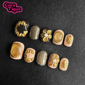 CuraTique | Gilded Opulence 10PCS Handmade Press On Nails REUSABLE 3D Gel spring/summer 2025 / Prom