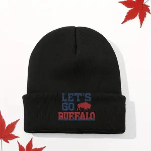 S&T A Knitted Hat with 'LET'S GO BUFFALO' Letters and Wild Buffalo Silhouette Design, Fashionable Street Casual Sports Style, Ultra Soft High Elastic Breathable Fabric, Warm and Comfortable, Unisex Brimless Knitted Hat, Suitable for Outdoor Activitie