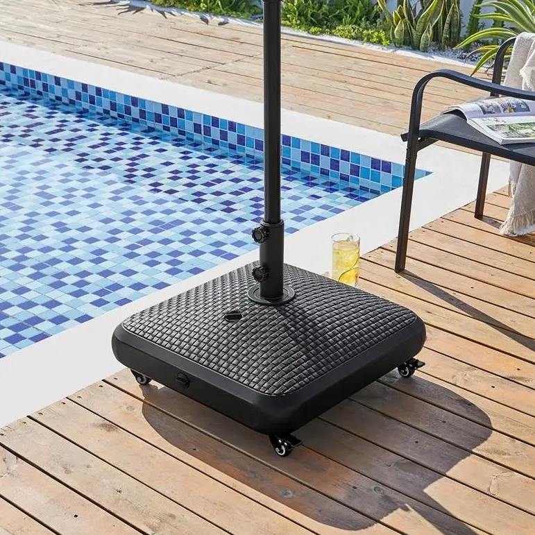 Costoffs Patio Umbrella Base with 4 Universal Castors, Rattan Texture Water-Sand Fillable Umbrella Base Stand for Outdoor Use