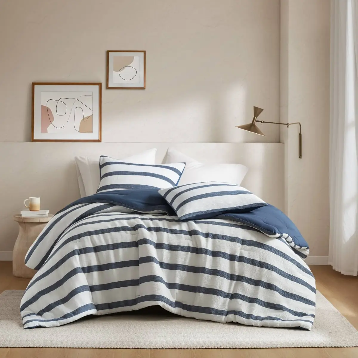 Microfibre Yarn-Dyed Striped Comforter Set - AM10-0609 Blue, Full/Queen Size, Machine Washable, Softly Crinkled Texture, Modern Coastal Bedroom Bedding, Stripes, Sleep Sanctuary