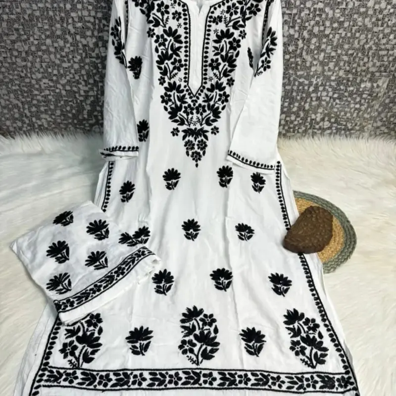 Lady's Premium Lucknow Chikankari Handwork Kurti-Palazzo Set - Size 46 Longsleeves Women's Clothes Casual Clothes Products