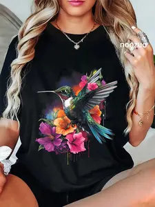 100% Cotton Hummingbird Floral Bird Artwork T-Shirt Watercolor Flowers Bird lover