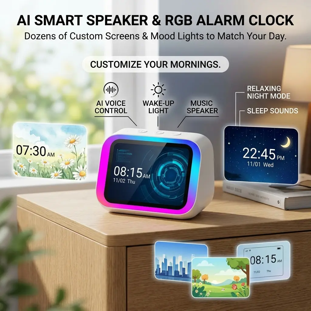 Cozy Aesthetic Digital Alarm Clock with Smart Large Display, Voice Assistant Weather Show Desktop Clock, Practical Home Office Decor Gift