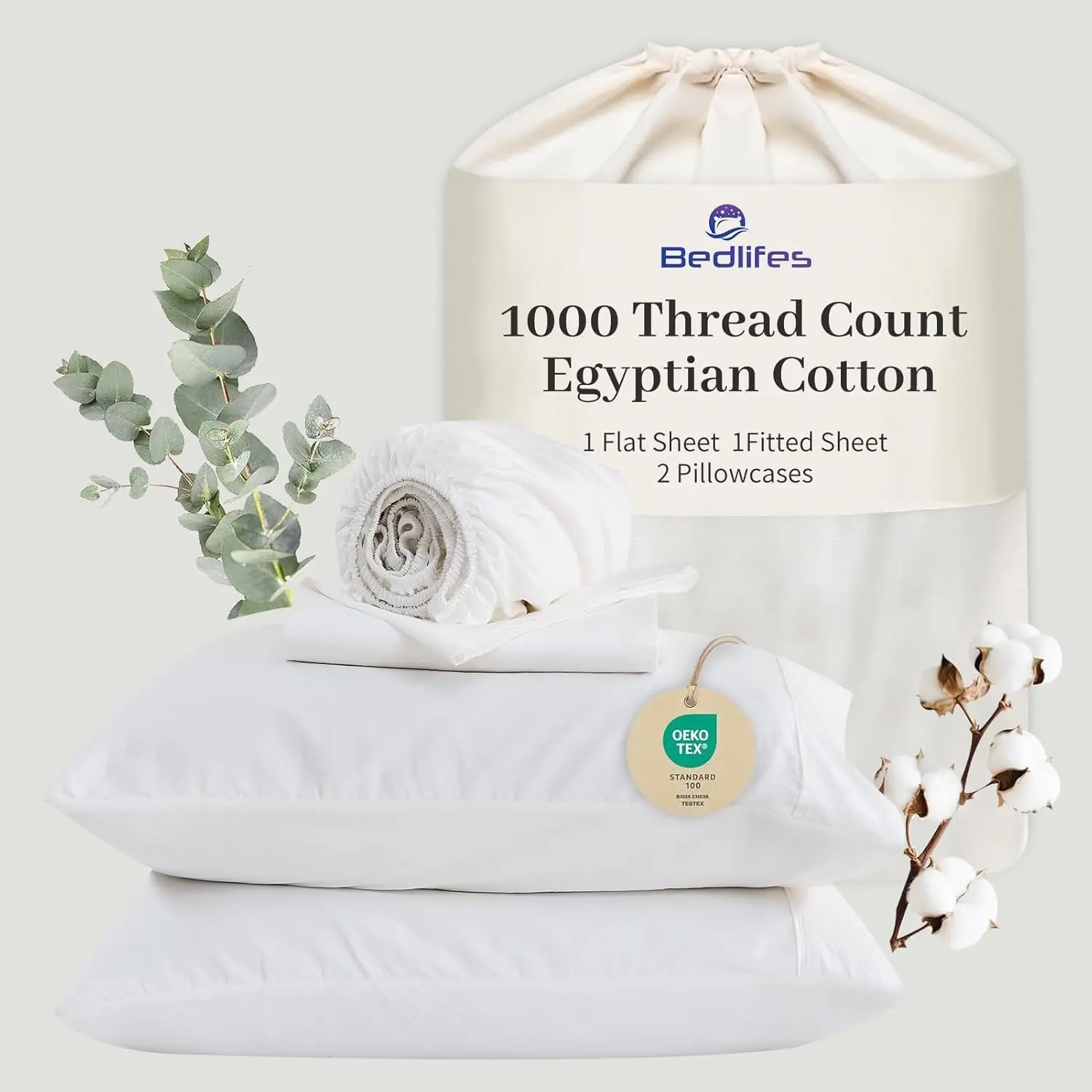 Bedlifes Egyptian Cotton Sheets, 4-Piece 16" Deep Pocket - Cooling & Breathable Ultra Soft Bedding for Hotel Comfort (White)
