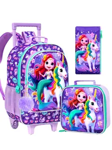 18" Unicorn Rolling Backpack for Girls, Kids School Backpacks with Wheels, 3Pcs Mermaid Roller Bookbag with Lunch Box for Preschool Toddler Elementary(Purple)