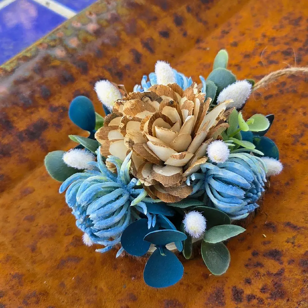 Wood Flower Ornament Willow & Blue Flowers for Christmas Tree Elegant Design with Mini Blue Flowers and Greenery Home Decor Essential - Hanging