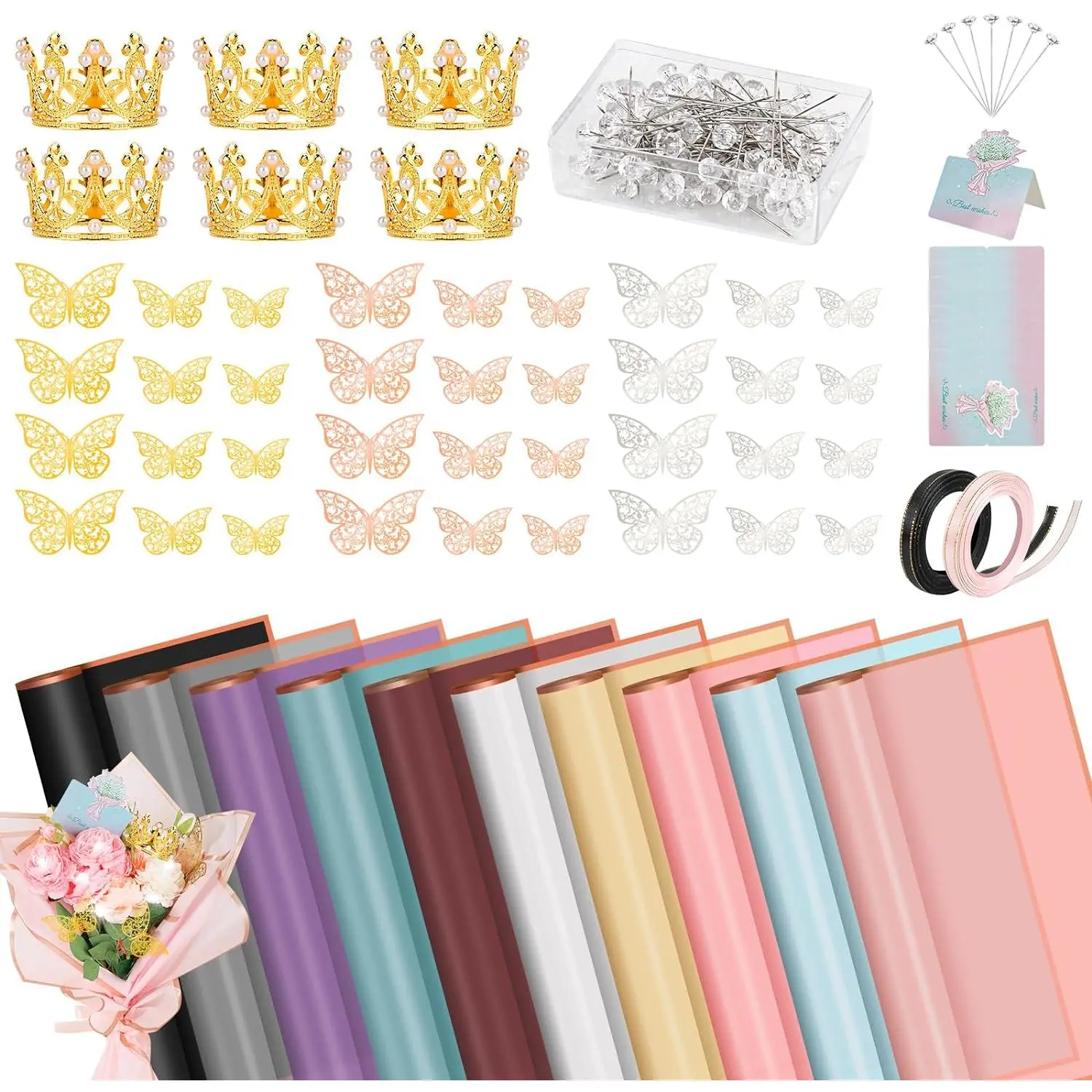 209-Piece Gift Packaging Flower Bouquet Wrapping Paper Set (50 Sheets, 22.8X22.8" Inches) with 2 Rolls of Ribbons, Butterfly Decorations, Crowns, Bouquet Pins, Glue for DIY Crafts, Cakes, Office Stationery Needs