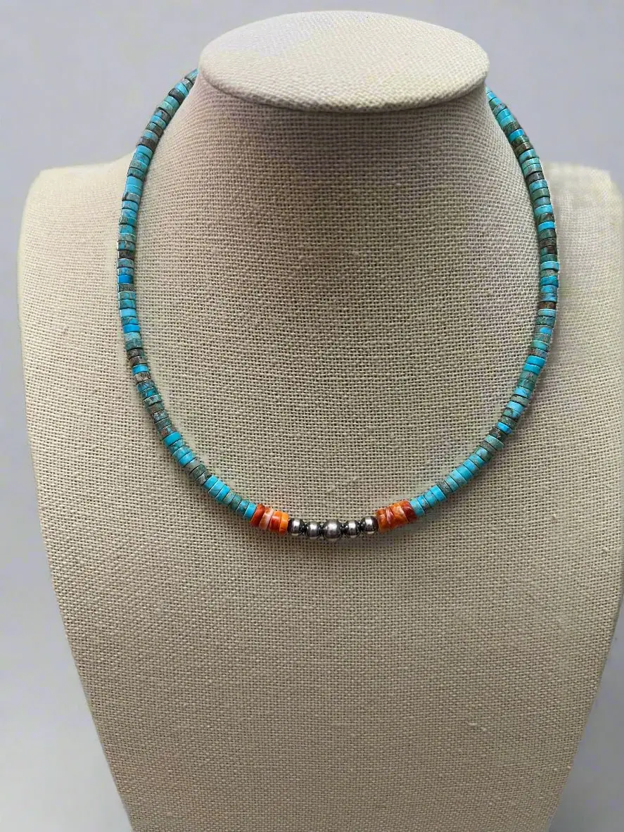 "The Vibrant" Choker — Spiny Oyster, Variscite Turquoise & Sterling Pearl — 14 inch (with 3 inch extender)