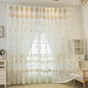 1pc Luxury Double Layer Sheer Home Decoration Curtain with Floral Embroidery, Lace Drapes for Living Room & Bedroom, Privacy Window Covering