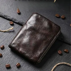 Men's Vintage Full Grain Leather Wallet Large Capacity Vertical Zipper Card Holder Handmade Pleated Multi-Card Slots Bifold Billfold Purse