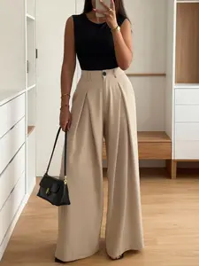Beige High Waisted Wide Leg Trousers – Pleated Front Button Fly Flowy Palazzo Pants for Women, Minimalist Old Money Aesthetic, Smooth Drapey Fabric, Versatile Office & Casual Wear, Comfortable High Waist Design for Trendy Females & Office Workers