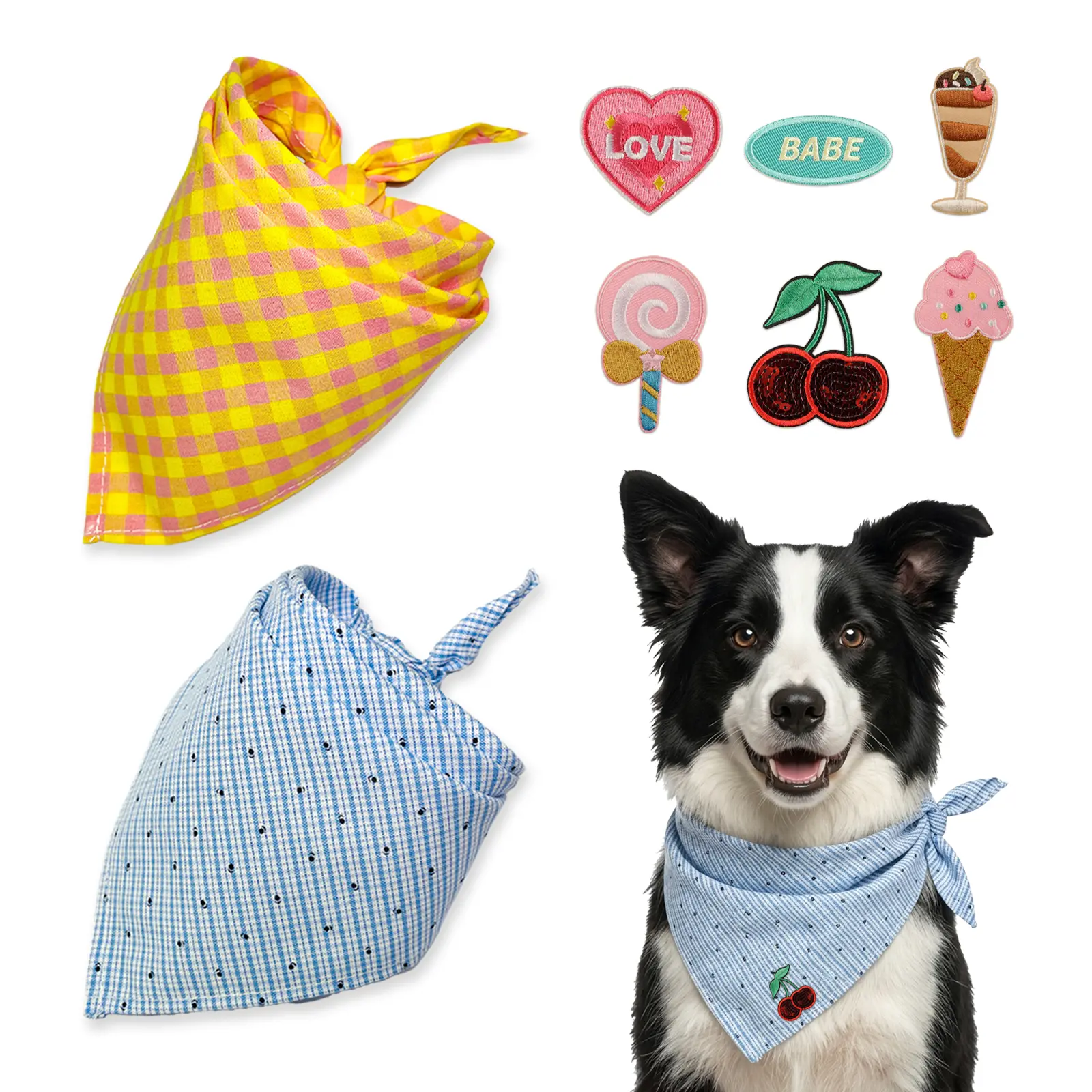 Pet Bandana for Dogs & Cats, Cotton Triangle Scarf (Plaid, Gingham, Polka Dot) with Removable Patches, Adjustable Machine-Wash All-Seasons Neck Accessory, Drool Bib for Small/Medium/Large Pets (Daily Wear, Photo Shoots)