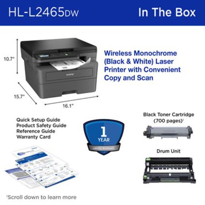 Brother HL-L2465DW Wireless Monochrome Laser Printer with Print Copy Scan Duplex & Mobile Printing Compact Multi-Function Solution