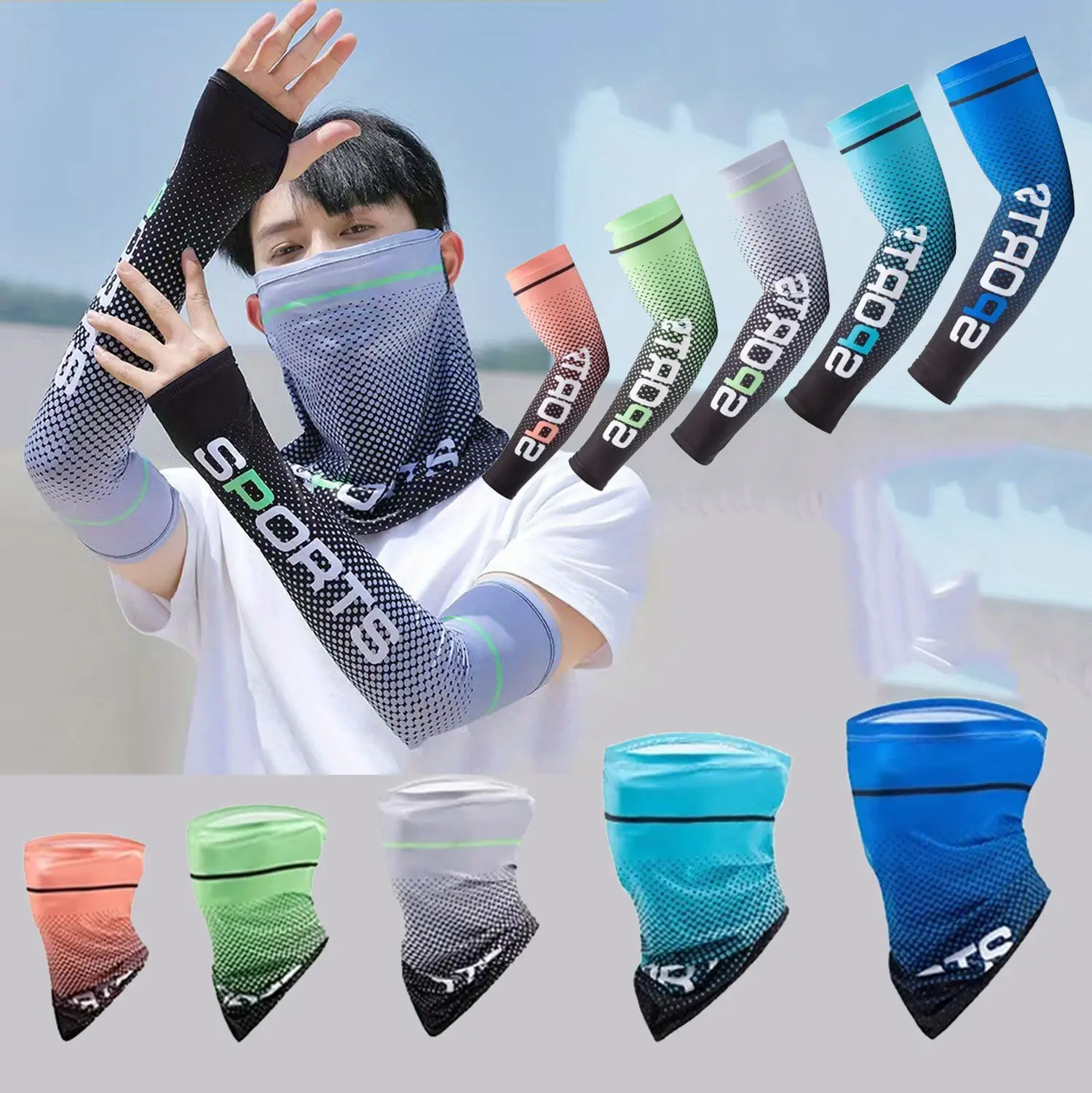 10 Packs Ice Silk Cooling Arm Sleeves & Neck Gaiter Set, 5 Pair Sleeves+5 Gaiters for Arms and Neck, UPF 50+ Sun Protection Anti-Slip, Compression Fit Ideal for Cycling FishingGolf & Driving
