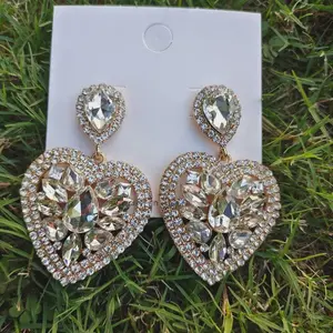 White Rhinestone Chunky Heart Statement Earrings - Fashion Accessories