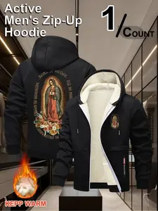 Men's Winter Fleece Hooded Jacket, Long Sleeve Casual Outerwear, Cartoon Pattern, H-Type Silhouette, Fitted Design