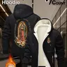 Men's Winter Fleece Hooded Jacket, Long Sleeve Casual Outerwear, Cartoon Pattern, H-Type Silhouette, Fitted Design, Warm Casual Outerwear