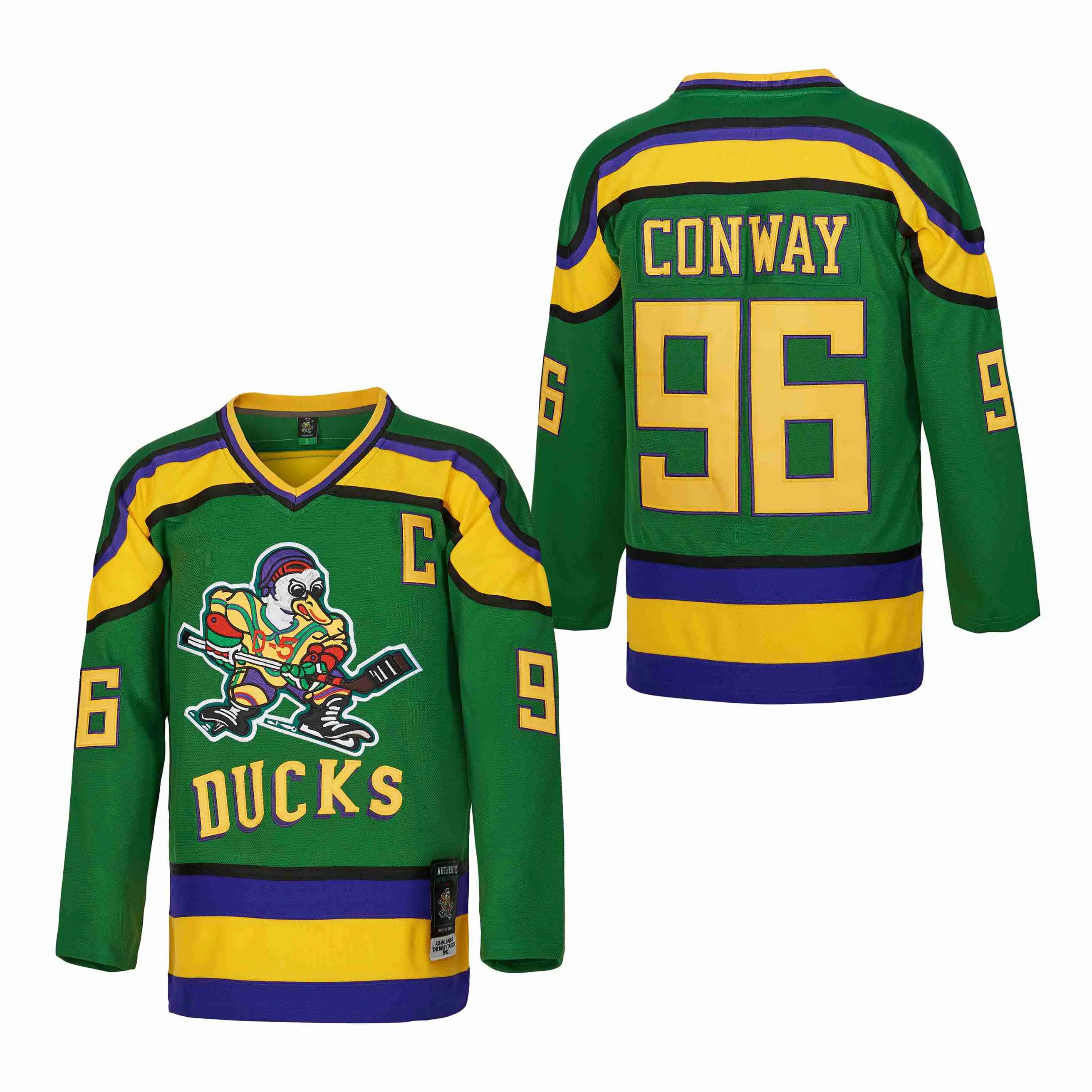 Male The Mighty Ducks #96 Charlie Conway Authentic V-Neck Movie Ice Hockey Jersey Shirt, High-Quality Sewn Embroidered Logo, Green 2025 Active Sportswear, Plus-Size Athletic Workout Figure Clothing, Sports Outerwear