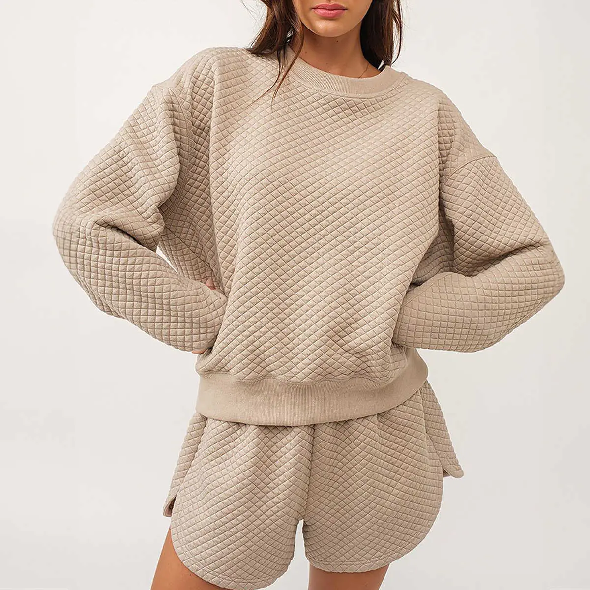 Parchment Solid Color Quilted Long Sleeve Top and Shorts Set
