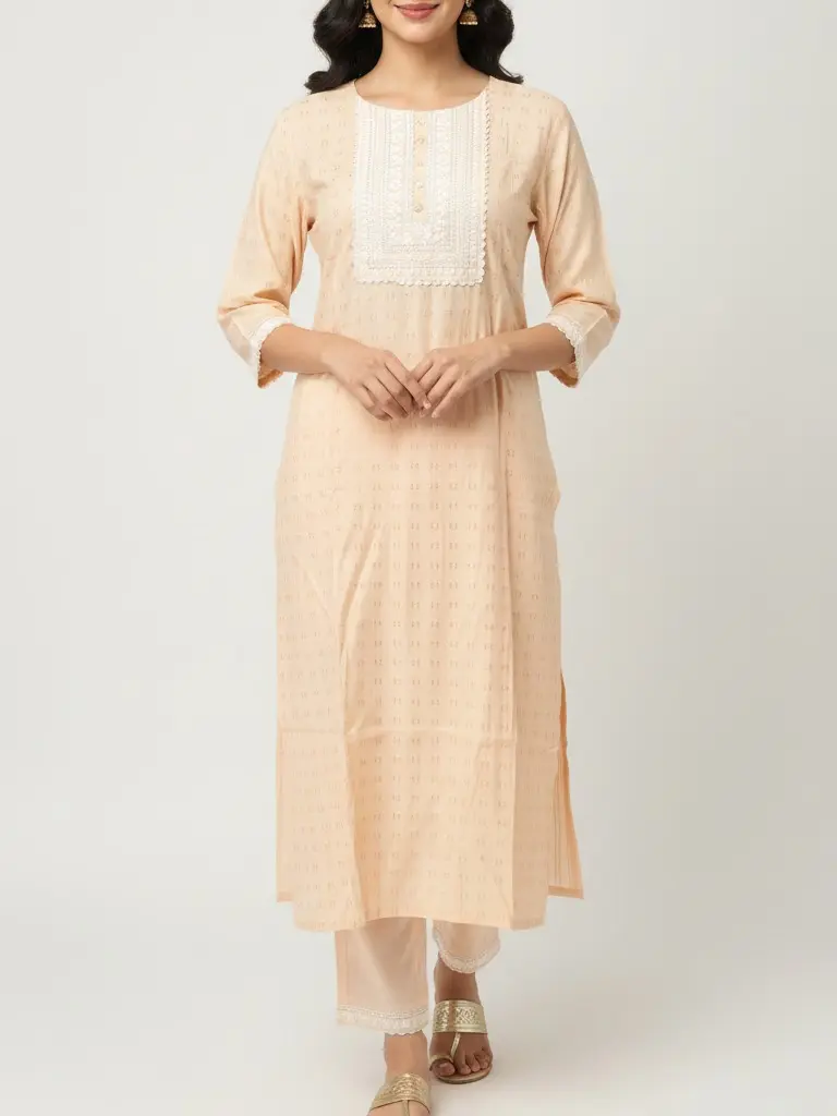 Peach Kurtha & Salwar Set with Embroidered Yoke 2PS-7 Sizes L XL XXL Elegant Design