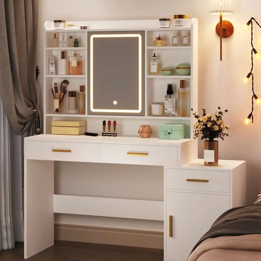 Sturdy White Modernist Stand-Alone Makeup Vanity Desk with Large RGB-Lit LED Mirror, 3 Drawers, Adjustable Shelves, Storage Cabinet, Full-Size Canopy Bed Nailhead Decoration, Assembly Guide, Ideal for Organization, Thanksgiving Gift
