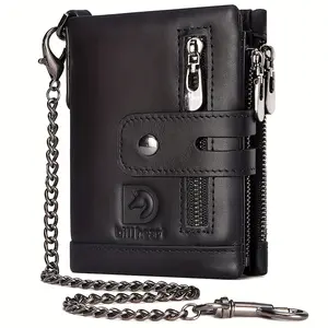 Men's Genuine Leather Short Wallet with Chain, RFID Anti-theft Card Slots, Double Zipper Coin Pocket, Anti-theft Wallet, Ideal Gift for Men
