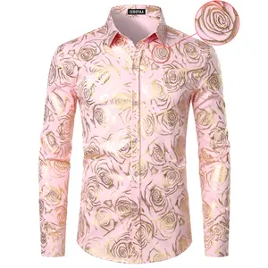 ZEROYAA Mens Hipster Gold Rose Printed Slim Fit Long Sleeve Dress Shirts Prom Performing Shirts