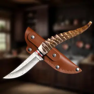 Damascus Pattern Multi-functional Knife with Antler - Mimic Handle, Outdoor Camping Knife with Sheath Cover, Great Kitchen Helper and Prefect Gift for Holiday