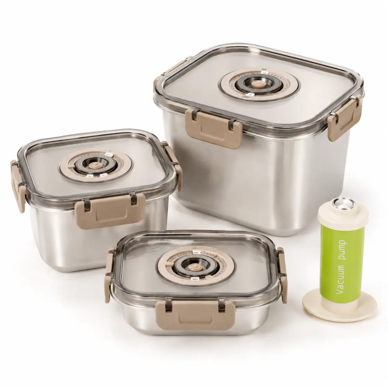 Stainless steel vacuum food storage container set with date markings and an air pump — leakproof, airtight meal prep containers suitable for kitchen, refrigerator, and freezer use. summervibes