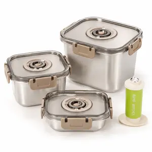 Stainless steel vacuum food storage container set with date markings and an air pump — leakproof, airtight meal prep containers suitable for kitchen, refrigerator, and freezer use. summervibes