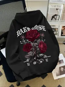 Men's Casual Loose Hooded Sweatshirt with Letter Rose Flower Print, Fitted Long Sleeve Pullover for Fall & Winter