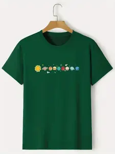 [TEA-SHOP]Men's Cartoon Polyester Astronaut And Planet Print Tee Best Sellers - Summer Short Sleeve Top, Full sizes Full colors, Perfect for Summer and Spring, Ideal Gift Option.